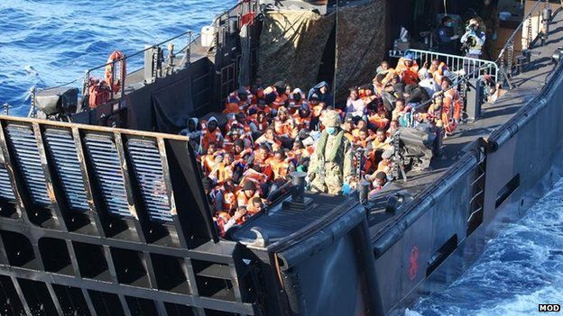 Hundreds of migrants have been taken aboard HMS Bulwark
